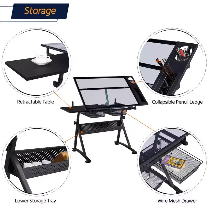 Yaheetech Adjustable Glass Drafting Table & Stool Set Black