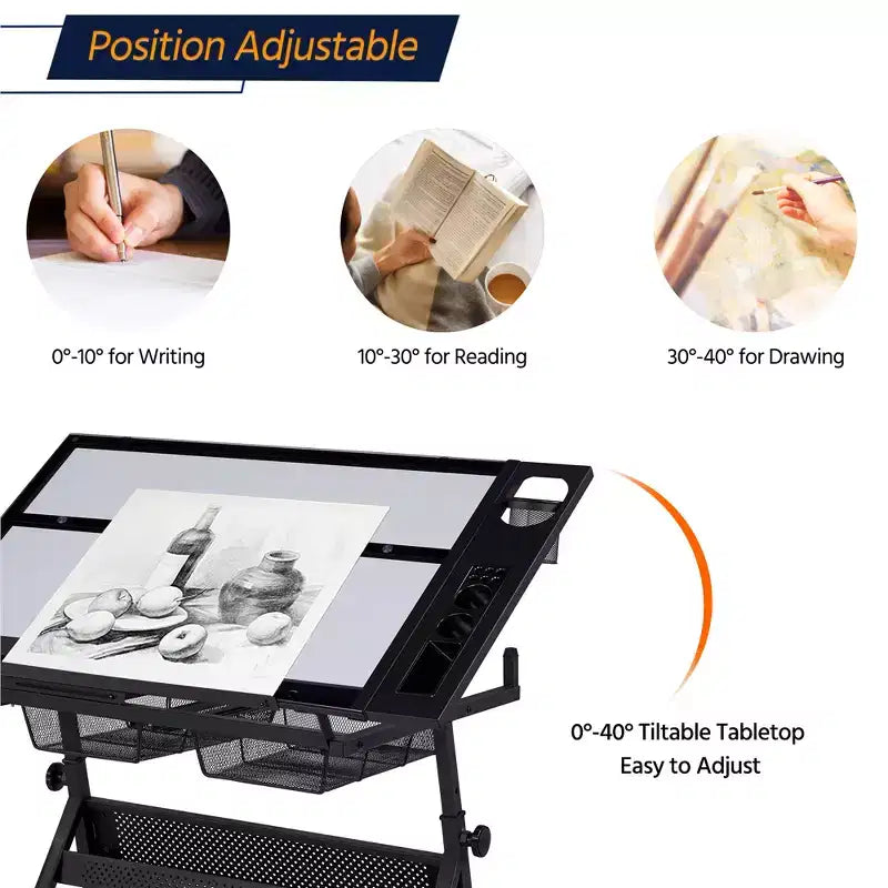 Yaheetech Adjustable Glass Drafting Table & Stool Set Black
