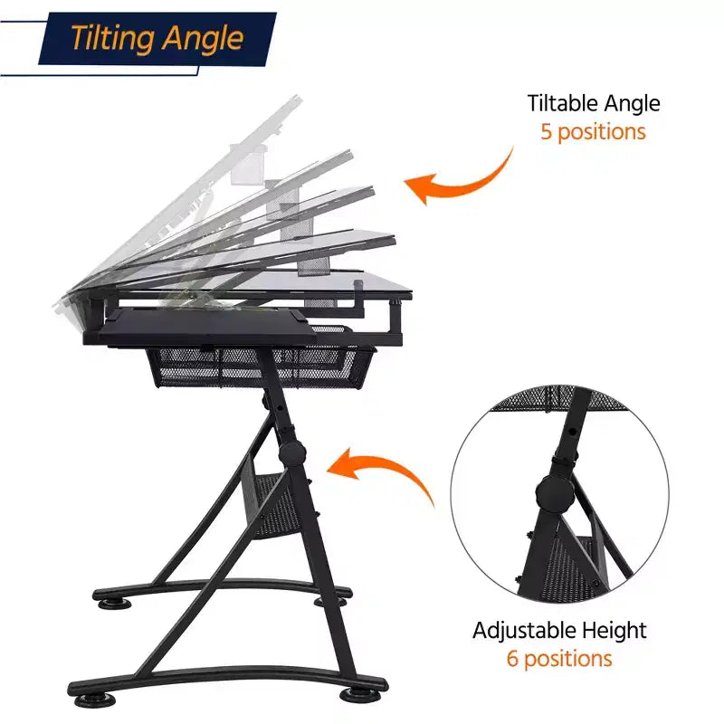 Yaheetech Adjustable Glass Drafting Table & Stool Set Black